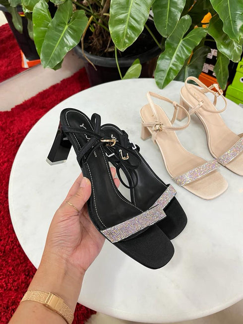 Rhinestone Embedded Buckle Straps Heels